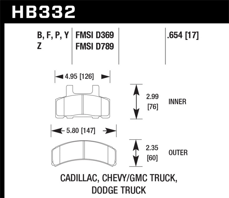 Hawk 99-00 Cadillac Escalade / 88-91 Ford C1500 EC / 92-99 C1500 All Cab Front LTS Street Brake Pads - HB332Y.654