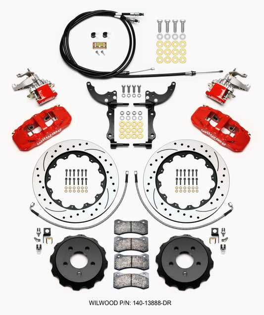 Wilwood AERO4 / MC4 Rear Kit 14.00 Drilled Red 2015-Up Mustang w/Lines & Cables - 140-13888-DR